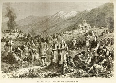 Et festmåltid i Theben, det for jomfruens careme, der samler alle indbyggerne i byen og det omkringliggende område, hver familie røver et får til lejligheden, i forgrunden forbereder mændene beten, før de tilbereder den. Gravering efter tegningen af Frederic Theodore Lix