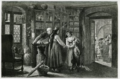 Hos apoteket i landsbyen Kaysersberg (eller Kaisersberg, Alsace), en akut konsultation. Gravering af F.Lix, for at illustrere historien "Gennem Alsace og Lorraine", i 1884, af Charles Grad (1842-1890), tysk stedfortræder, forfatter og naturforsker. Pub af Frederic Theodore Lix