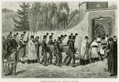 Begravelse af en mindreårig. Gravering af Lix, for at illustrere historien A Through Alsace and Lorraine, i 1887, af Charles Grad, tysk deputeret, i tour du monde 1888, instrueret af Edouard Charton (1807-1890), Hachette, Paris. af Frederic Theodore Lix