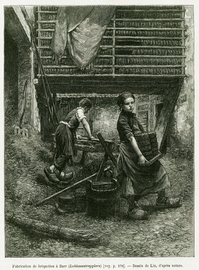 Børnearbejde ved brikettering, Barr. Gravering af Lix, for at illustrere historien A Through Alsace and Lorraine, i 1887, af Charles Grad, tysk deputeret, i tour du monde 1888, instrueret af Edouard Charton (1807-1890), Hachette, Paris. af Frederic Theodore Lix