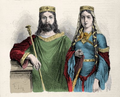 Clovis (481-511) konge af frankerne med sin anden hustru Saint Clotilde (Clothilde) dronning. Stik af Lix. af Frederic Theodore Lix