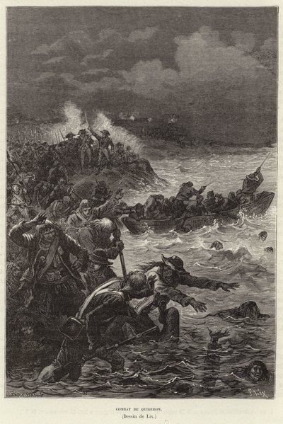 Combat de Quiberon. Tilhængere af Chouannerie og Vendee-oprøret forsøger at flygte fra republikanske styrker ved Quiberon, Frankrig, Den Franske Revolution af Frederic Theodore Lix