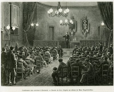 Konference for arbejderne fra Dollfus Mieg-værkstederne i Dornach. Gravering af Lix for at illustrere historien A Through Alsace and Lorraine, af Charles Grad, tysk deputeret, i 1885, i tour du monde 1886, instrueret af Edouard Charton (1807-1890), Hache af Frederic Theodore Lix