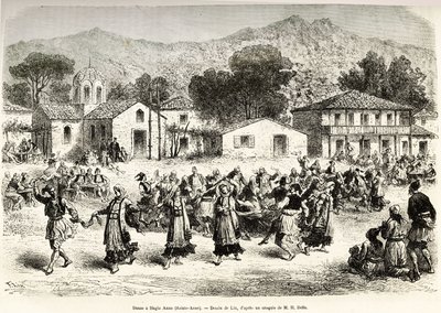Folkedans på landsbytorvet Haggia Anna (St. Anne). Gravering efter tegningen af Lix, til illustration af rejsen i Grækenland, af Henri Belle, i 1861-1868-1874, udgivet i "" Le tour du monde""" 1876, redigeret af Edouard Charton, Hachette-udgaven, Paris af Frederic Theodore Lix