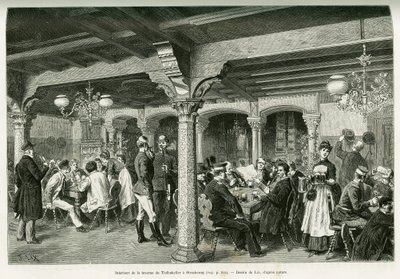 Interiør i Tiefenkeller-værtshuset i Strasbourg. Gravering af Lix, for at illustrere historien A Through Alsace and Lorraine, i 1887, af Charles Grad, tysk deputeret, i tour du monde 1888, instrueret af Edouard Charton (1807-1890), Hachette, Paris. af Frederic Theodore Lix