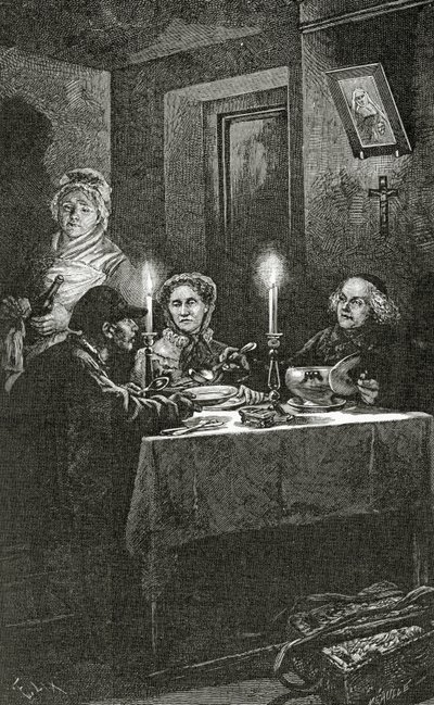 Jean Valjean modtages og passes af biskop Myriel, 1800-tallet (bw-gravering) af Frederic Theodore Lix