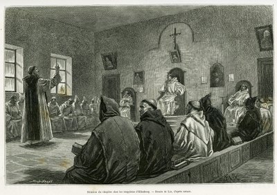 Møde i kapitlet blandt trappisterne i Oelenberg. Gravering af Lix til illustration af historien A travers l