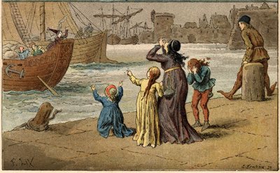 Populær sang: "A Nantes est arrive"". Børn sørger over deres hav, taget væk af en sømand. Illustration (detaljeret) af Frederic Theodore Lix (1830-1897) i "" Chansons et rounds enfantines des provinces de la France"" af Frederic Theodore Lix
