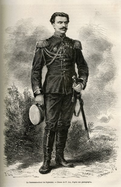 Portræt af den rejsende og fortæller oberstløjtnant af Prjewalski, tegning af F.Lix til illustration af rejsen til Mongoliet og Tanguternes land fra 1870 til 1873, af oberstløjtnant af Prjewalski. Indgravering i Le tour du monde af Frederic Theodore Lix