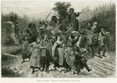 Retur af høsten. Gravering af Lix, for at illustrere historien A Through Alsace and Lorraine, i 1887, af Charles Grad, tysk deputeret, i tour du monde 1888, instrueret af Edouard Charton (1807-1890), Hachette, Paris. af Frederic Theodore Lix