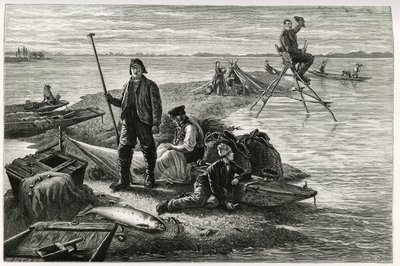 Laksefiskeri. Gravering af F.Lix, for at illustrere historien "Gennem Alsace og Lorraine", i 1884, af Charles Grad (1842-1890), tysk stedfortræder, forfatter og naturforsker. Udgivet i Le Tour du monde, nouveau journal des voyages, 2. semester 1885, redige af Frederic Theodore Lix
