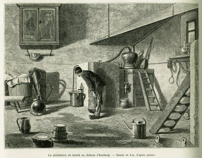 Destillationen af kirsch på slottet Isenburg. Gravering af Lix, for at illustrere historien A Through Alsace and Lorraine, i 1887, af Charles Grad, tysk deputeret, i tour du monde 1888, instrueret af Edouard Charton (1807-1890), Hachette, Paris. af Frederic Theodore Lix
