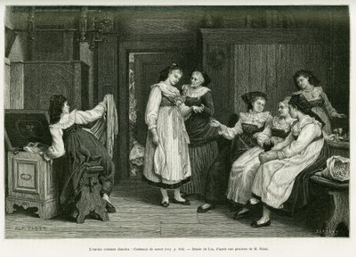 Den gamle Alsace-dragt. Gravering af Lix, efter et maleri Present de Noces af Pabst, for at illustrere historien A Through Alsace and Lorraine, af Charles Grad, tysk deputeret, i 1885, i tour du monde 1887, under ledelse af Edouard Charton (1807) af Frederic Theodore Lix