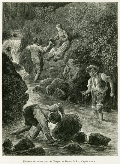 Ørredfiskere i Vogeserne. Gravering af Lix, for at illustrere historien A Through Alsace and Lorraine, af Charles Grad, tysk deputeret, i 1885, i tour du monde 1887, under ledelse af Edouard Charton (1807-1890), Hachette, Paris. af Frederic Theodore Lix