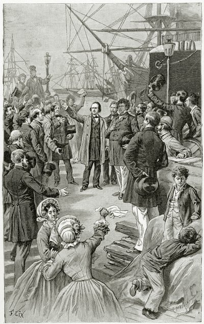 Victor Hugo hylder en universel republik under en tale, mens han var i eksil den 1. august 1852, 19. århundrede (bw-gravering) af Frederic Theodore Lix