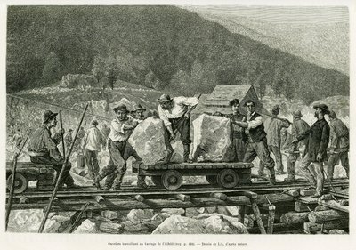 Arbejdere, der arbejder ved Alfeld-dæmningen. Gravering af Lix til illustration af historien A travers l