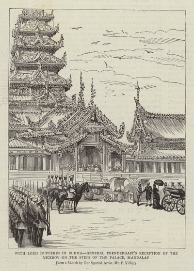 Med Lord Dufferin i Burma, general Prendergasts modtagelse af vicekongen på trappen til paladset, Mandalay af Frederic Villiers
