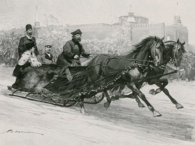 En slæde med blåt silkenet, for at forhindre sneen i at sprøjte beboerne, Kreml i baggrunden af Frederic de Haenen