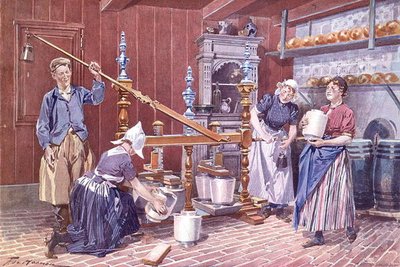 Osteproduktion i Holland, ca. 1900 (farve litho) af Frederic de Haenen