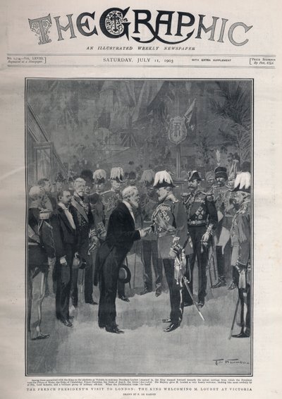 Entente cordiale: den franske præsident Emile Loubets besøger London. Kong Edward VII byder M. Loubet velkommen på Victoria Station. af Frederic de Haenen