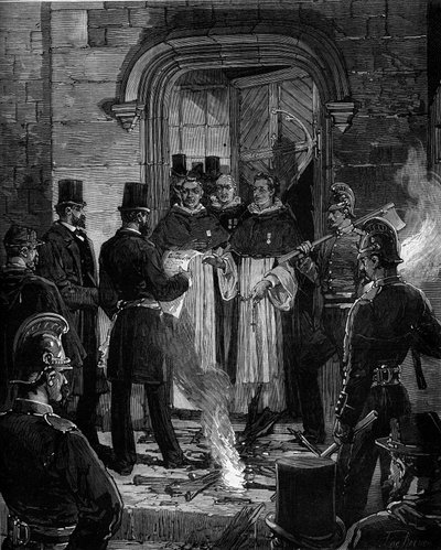 Udvisning af dominikanere fra Rue de Jean de Beauvais i Paris som følge af dekreterne fra marts 1880, truffet af Jules Ferry og fjernelse af retten til at undervise medlemmer af uautoriserede religiøse menigheder: læsning af meddelelsen om dekreter til R.P af Frederic de Haenen