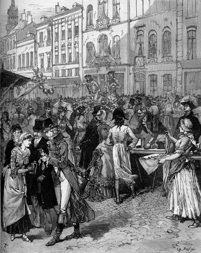 Historisk fejring af fejringen af belejringen af Lille i 1792: Braderie Watteau (den store messe) i byens gader med de fashionable indbyggere fra det 18. århundrede. Indgravering af De Haenen i "" Le Monde Illustré"" nr. 1334 af 21. okt. af Frederic de Haenen