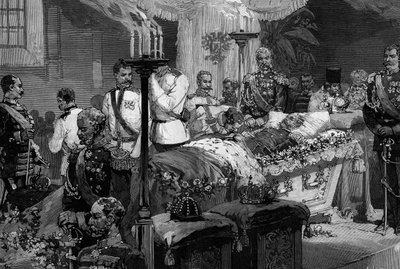 Soldater fra slagskibsregimentet af Alexander II (1818-1881) vil kysse den afdøde zars hånd i katedralen St. Peter og Paul af Skt. Petersborg (Skt. Petersborg) af Frederic de Haenen