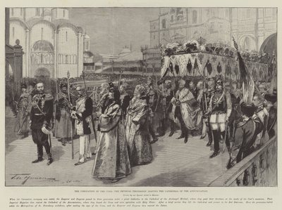 Kroningen af zaren, den kejserlige procession, der forlader bebudelseskatedralen af Frederic de Haenen
