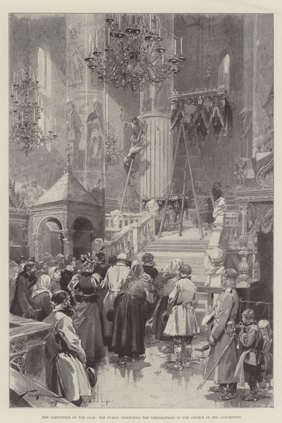 Kroningen af zaren, offentligheden inspicerer forberedelserne i Assumptionskirken af Frederic de Haenen