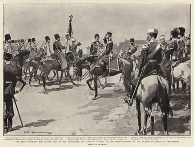 Zaren iagttager martsfortiden for sin livvagt (2. kosakvagt) ved forårsrevyen på Champs de Mars, St. Petersborg af Frederic de Haenen