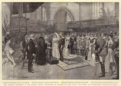 Bryllupsceremonien i Groote Kerke, udført af pastor Van der Vlier, bruden og brudgommen udveksler ringe af Frederic de Haenen