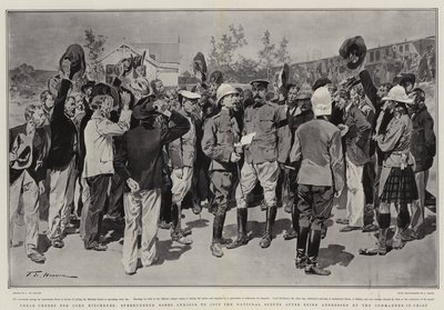 Tre hurra for Lord Kitchener, overgivne boerer, der er ivrige efter at slutte sig til de nationale spejdere efter at være blevet tiltalt af den øverstkommanderende af Frederic de Haenen