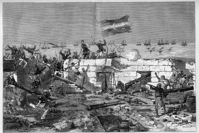 Tunesien, juli 1881: Franske tropper indtog byen Stax efter indbyggernes oprør mod det franske protektorat Tunesien. Marinerifler tager det cirkulære batteri af. Indgravering af De Haenen i "" The Illustrous World"" nr. 1273 af 20. august af Frederic de Haenen