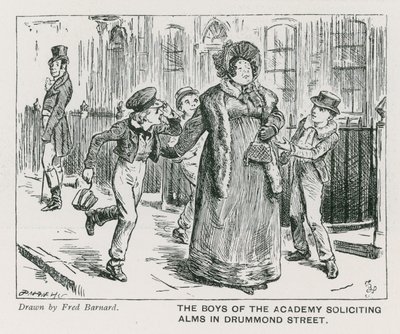Drengene fra Wellington House Academy beder om almisser i Drummond Street (gravering) af Frederick (after) Barnard