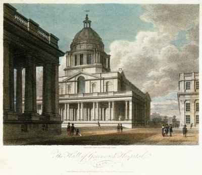 Udsigt over Greenwich Hospital (Kent, England), beskrivelse af kuplen og det nordøstlige hjørne af kong Williams (William) gård, med hallens nordfacade malet bagved, og med en del af dronning Marys gård og kapel af Frederick (after) Nash