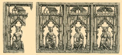 Riddere og damer siddende under baldakiner, gennemboret panel af elfenben, midten af slutningen af det 14. århundrede, 1881. af Frederick Albert Slocombe