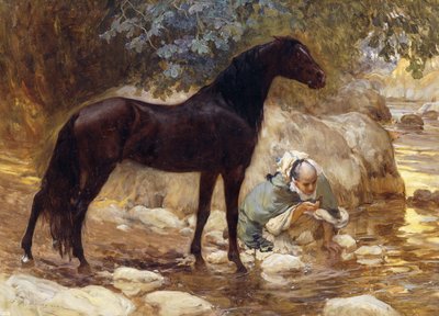 En araber der vander sin hest ved en flod, ca. 1890-1900 af Frederick Arthur Bridgman