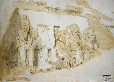 Fire kolossale statuer af Ramses II (1279-1213 f.Kr.) ved Abu Simbels store tempel af Frederick Arthur Bridgman