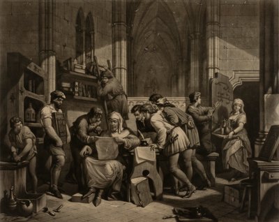 William Caxton - undersøger det første prøveark fra hans trykpresse i Westminster Abbey, 1474 e.Kr. af Frederick Bacon