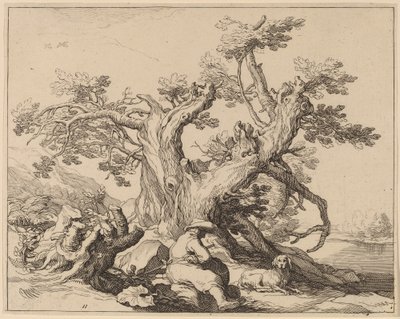 En mand og hans hund hviler ved et stort træ af Frederick Bloemaert after Abraham Bloemaert
