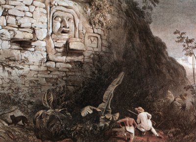Jæger og hans guide foran mayahovedet Itzam Na af Frederick Catherwood