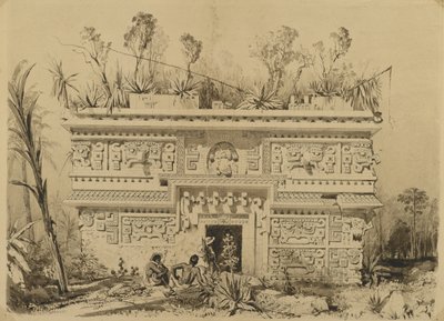Las Monjas, Chichen Itza, Yucatan, 1843 (sepia blæk & vask på vævet papir) af Frederick Catherwood