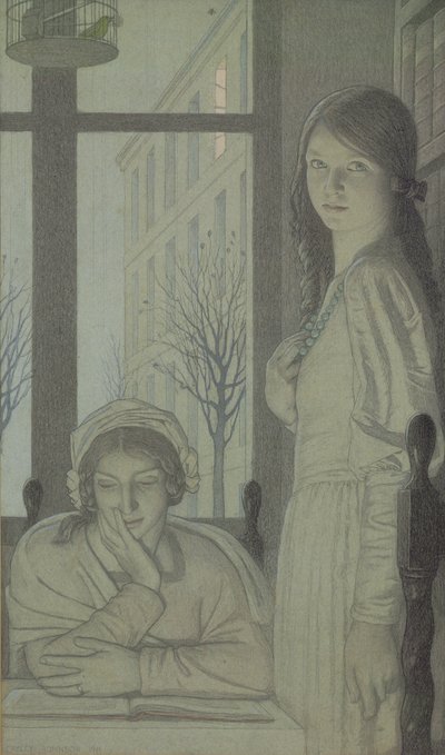 Interiør - Aften, 1915 (blyant, vask og gouache) af Frederick Cayley Robinson