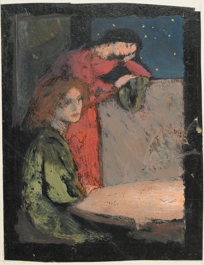 To piger ved et bord Se ud på en stjerneklar nat, 1905 (tempera på kort) af Frederick Cayley Robinson