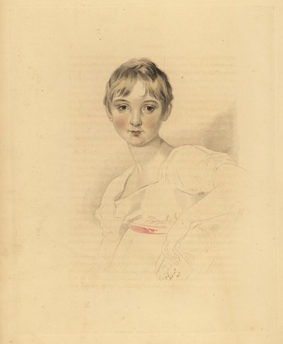 Portræt af Lucy Meredith, niece af Sir Thomas Lawrence. Ung pre-teen pige i hvid kjole med pink bånd bælte. Håndtonet gravering af Frederick Christian Lewis efter en illustration af Sir Thomas Lawrence fra P.G. Patmore