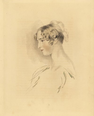Portræt af Mary Isabella Bloxam som ung kvinde, niece til Sir Thomas Lawrence. Med håret op og krøllet, i en off-the-shoulder kjole. Indgravering af Frederick Christian Lewis efter en illustration af Sir Thomas Lawrence fra P.G. Patmores kabinet af G af Frederick Christian Lewis
