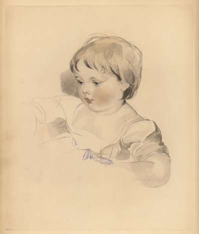 Portræt af Rowland Bloxam, nevø til Sir Thomas Lawrence. Buttet dreng i kjole bundet med blåt bånd. Håndtonet gravering af Frederick Christian Lewis efter en illustration af Sir Thomas Lawrence fra P.G. Patmore