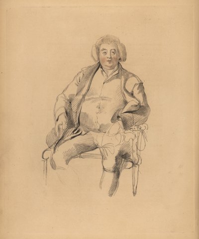 Portræt af Sir Thomas Lawrences far, kroejer Thomas Lawrence. Portly mand i paryk siddende på en stol. Håndtonet gravering af Frederick Christian Lewis efter en illustration af Sir Thomas Lawrence fra P.G. Patmore
