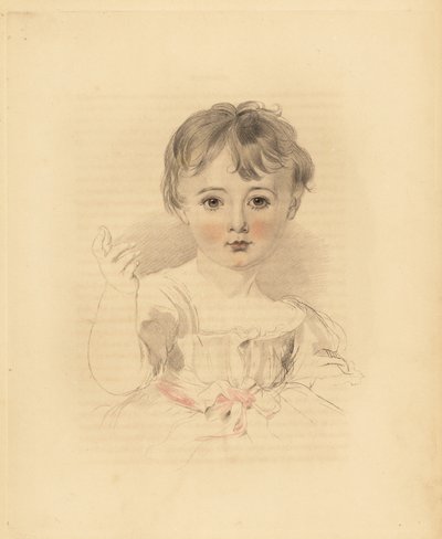 Portræt af Thomas Lawrence Bloxam, nevø til Sir Thomas Lawrence. I kjole bundet med et lyserødt bånd. Håndtonet gravering af Frederick Christian Lewis efter en illustration af Sir Thomas Lawrence fra P.G. Patmore