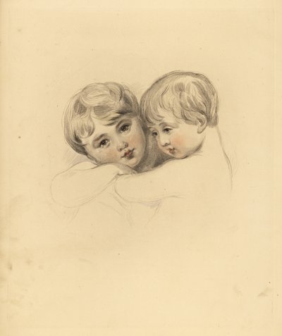 Portræt af Calmeady-børnene i en omfavnelse. Håndtonet gravering af Frederick Christian Lewis efter en illustration af Sir Thomas Lawrence fra P.G. Patmore
